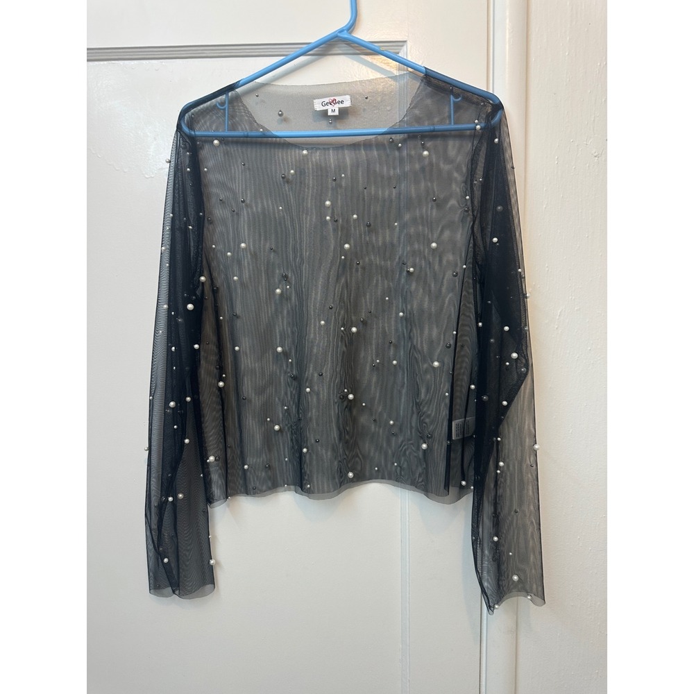 GeeGee Womens Black Sheer Mesh Pearl Studded Long Sleeve Top ST50219 Size M